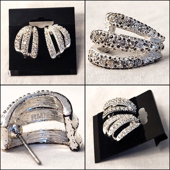 Vtg Art Deco Breakfast At Tiffanys Silver Diamond Costume Earrings RMN Roman Co. - Picture 2 of 4